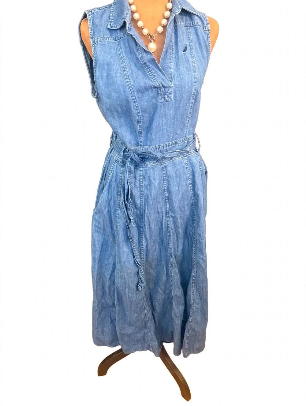 Nautica Women's Chambray Sleeveless A-Line Maxi Dress with Tie Belt